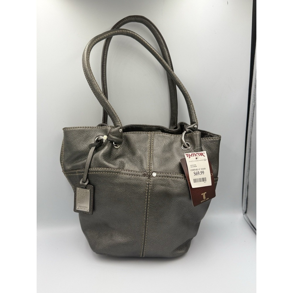 Tignanello Multi Pocket Shoulder Tote Bag Gray Genuine Leather Double Straps NWT